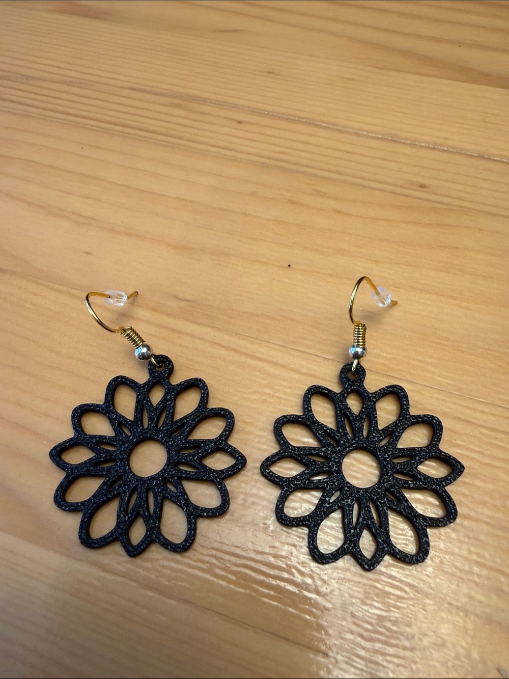 Black Floral Filigree Drop Earrings with gold and silver hooks